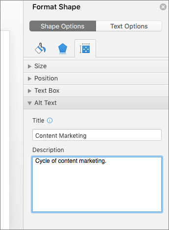 Screenshot of the Format Shape pane with the Alt Text boxes describing the selected SmartArt graphic