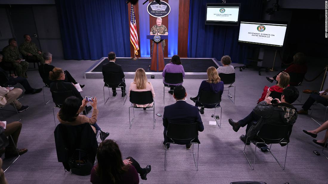 Reporters in Arlington, Virginia, sit approximately 4 feet apart during a briefing by Marine Corps Gen. Kenneth F. McKenzie on March 13.